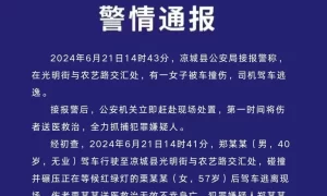 乌兰察布凉城警方通报“女子等红绿灯被撞，司机驾车逃逸”：伤者不幸身亡，犯罪嫌疑人已被抓获缩略图