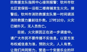 广西钦州消防：一沿街二楼商铺发生火灾，已被扑灭，无人员伤亡缩略图